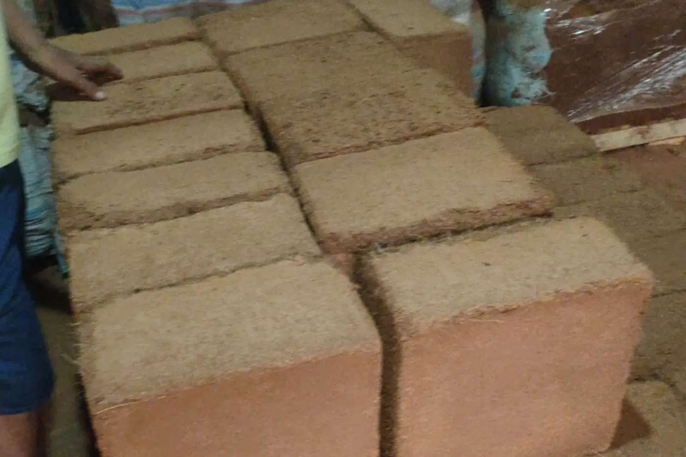 Compressed 5 kg cocopeat blocks prepared for export